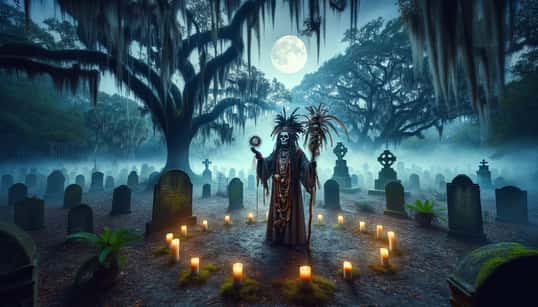 The haunted cemetery, where you meet your tour guide.